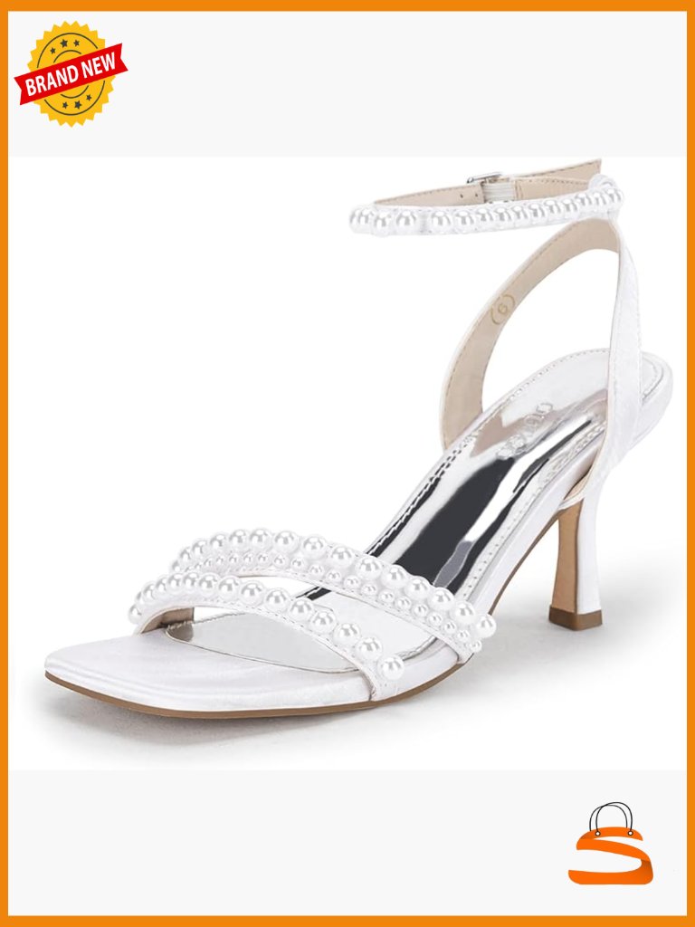 Pearl Kitten Heel Sandals Square Open Toe Ankle Strap Satin Wedding Party
